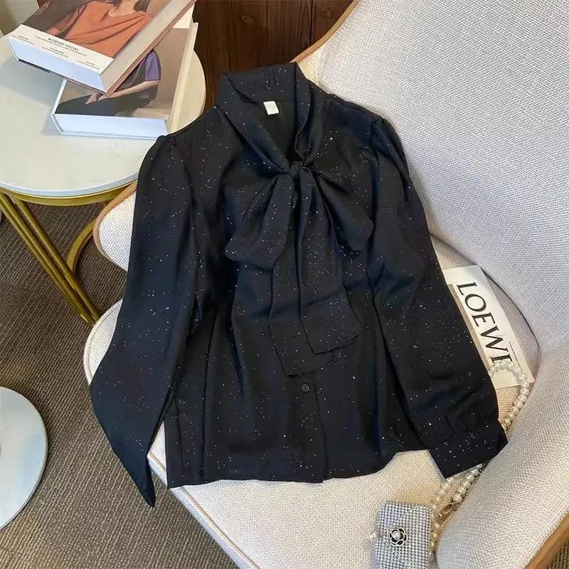 Chemise noire à paillettes pour femmes, haut en mousseline de soie à manches longues, Style français