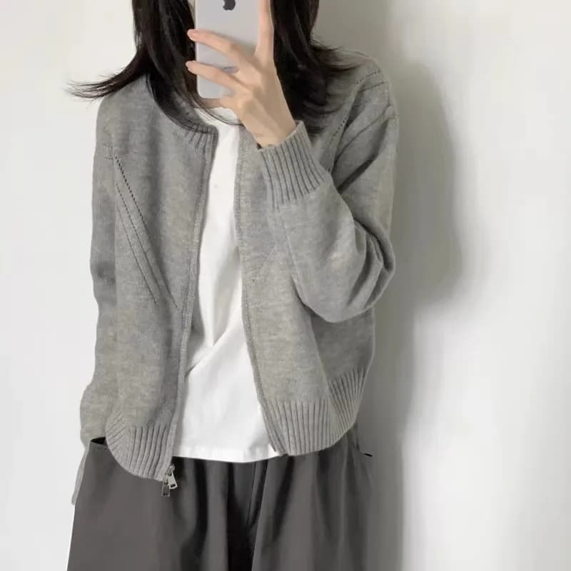 Cardigan en cachemire gris vintage pour femme, pull court ample, manteau en laine, fermeture éclair,