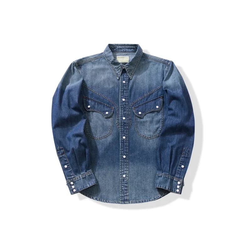 Chemise occidentale américaine Vintage Pearl Snap - Chemise de travail Chambray en denim brut délavé