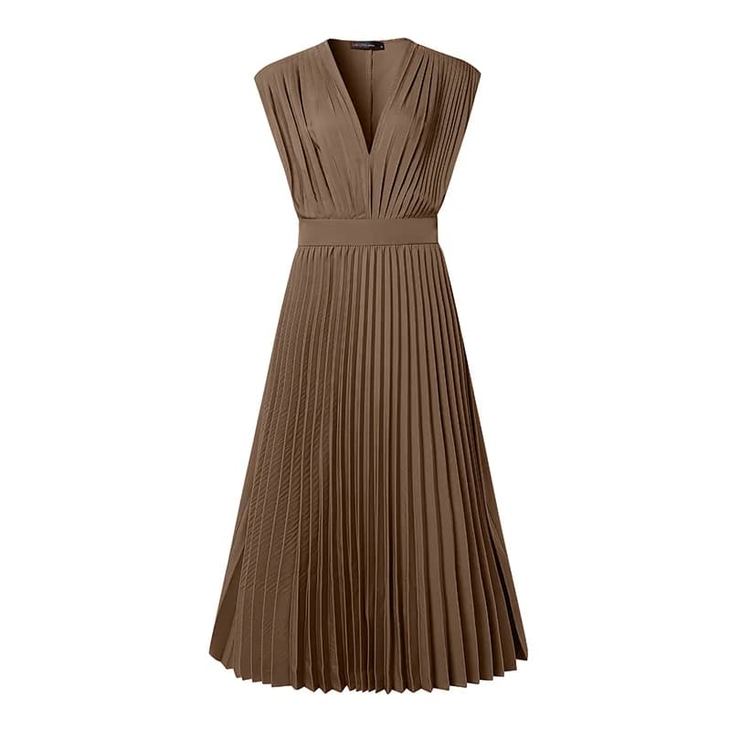 ZANZEA Femme élégante plissée a-ligne robes longues mode col en v sans manches taille haute fête rob