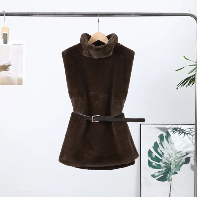 Vintage en peluche col haut gilet femmes Chic décontracté ample solide fausse fourrure gilets mantea