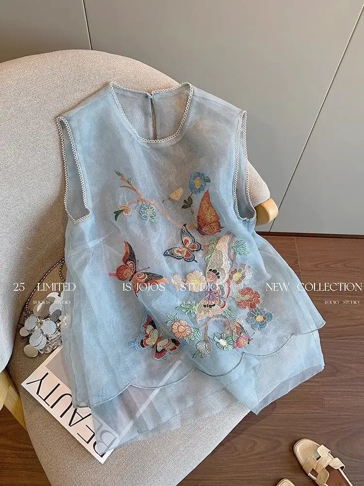 Gilet sans manches brodé de papillons bleus Olivegirl, vêtements pour femmes, été, haut élégant et d