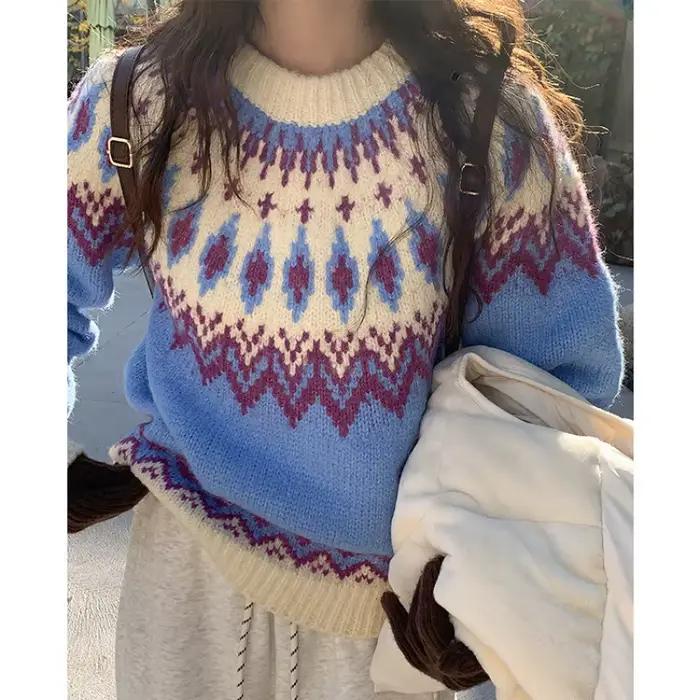 Femmes tricot pull 2025 nouveau rose pull femmes Fair Isle Jacquard Preppy Style automne hiver trico