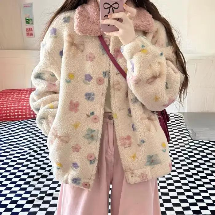 Manteau en laine d'agneau à fleurs colorées pour les étudiantes, veste en coton à col document, nouv