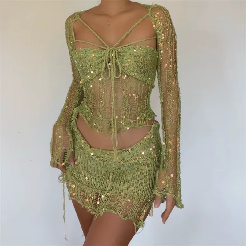Robe de soirée Sexy en tricot à paillettes, ensemble jupe 3 pièces, tenues pour femmes, manches long