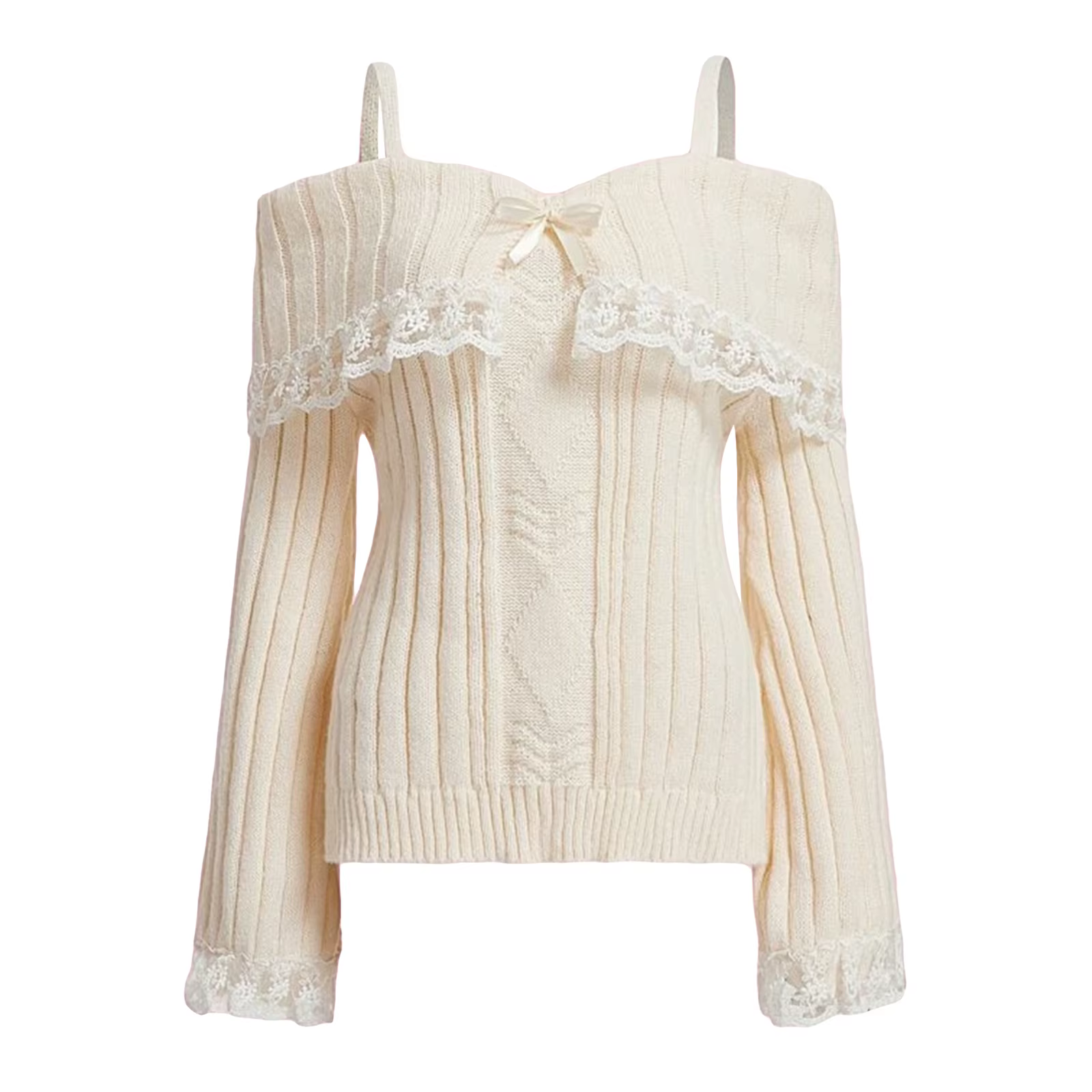Pulls à épaules dénudées pour femmes, manches longues, dentelle contrastée, tricot, nœud sur le deva