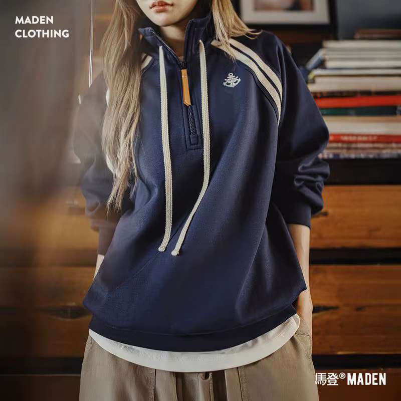 Maden – sweat-shirt Vintage bleu marine pour femme, demi-fermeture éclair, col montant, pull à manch