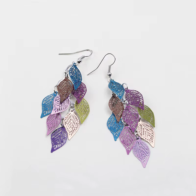 Boucles d'oreilles pendantes vintage à feuilles ajourées pour femmes, longues et colorées, style boh