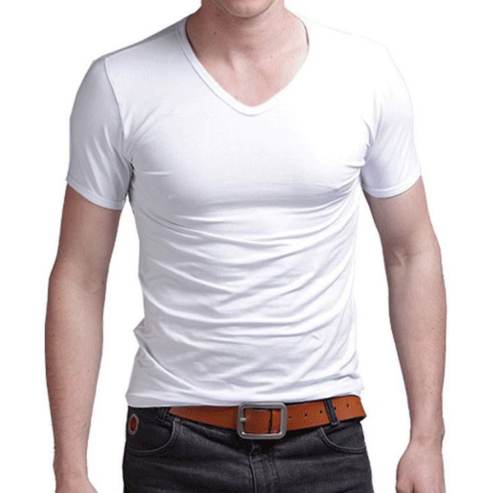T-shirt homme 2026 col en V extensible, couleur unie, manches courtes, coupe ajustée, neuf