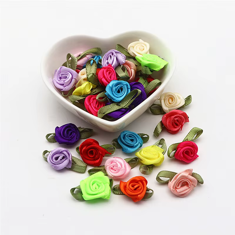 Feuille verte Rose ruban petite Rose ruban petite fleur bricolage décoration petite fleur poupée nœu