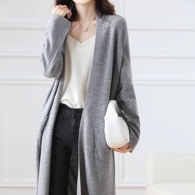 Cardigan long en laine pour femme, 100% laine, pull femme, document solide, mode, doux, grande taill