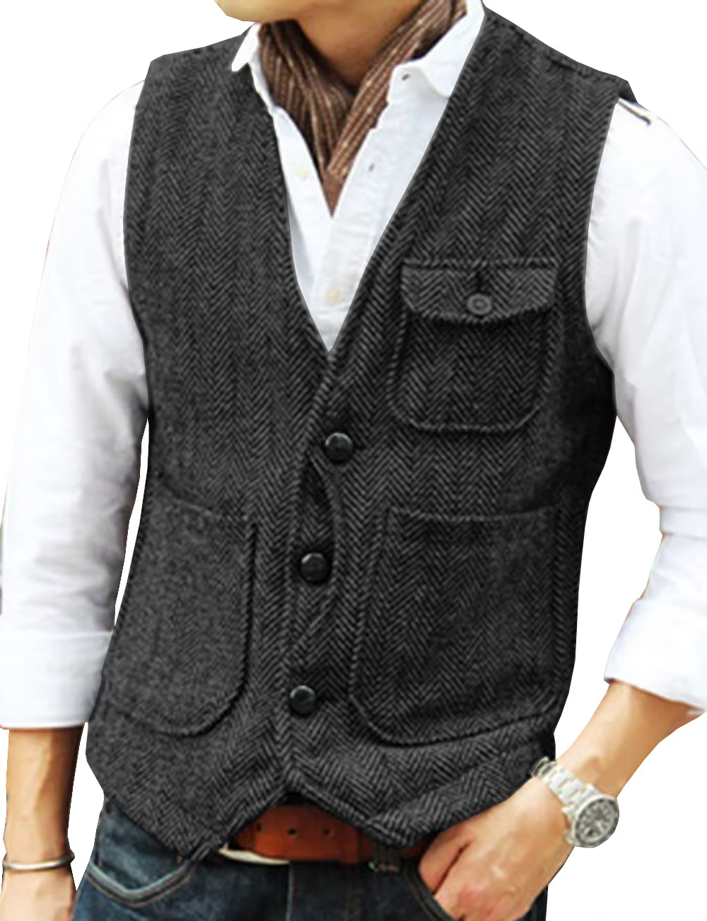Gilet d'outillage décontracté formel en Tweed à chevrons marron col en V gilet en laine gilet d'affa