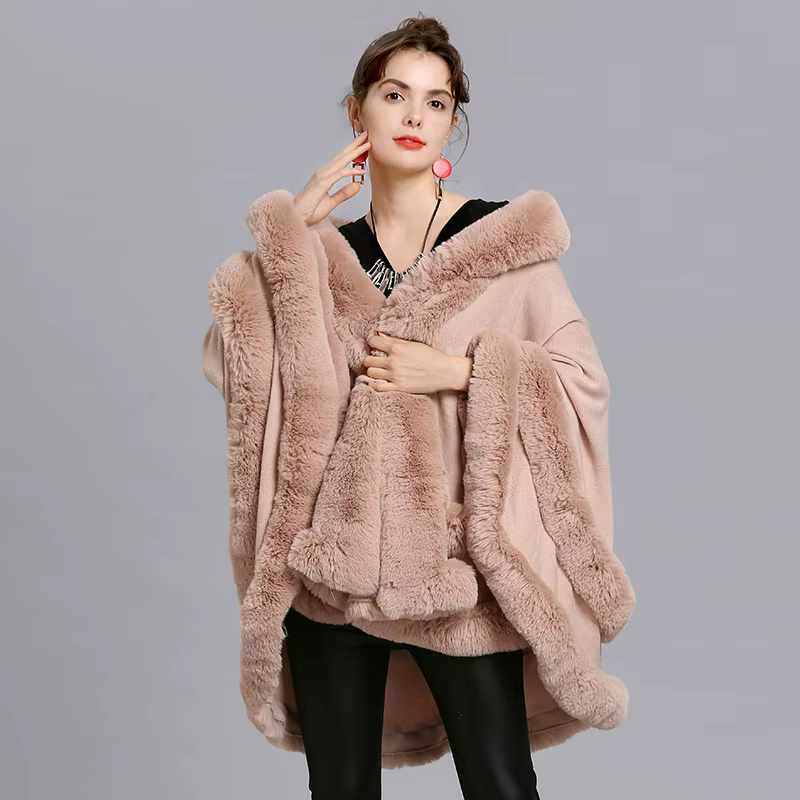 7 femmes 2 cercles fourrure Poncho châle Cape avec chapeau fausse fourrure Cape grand pendule queue