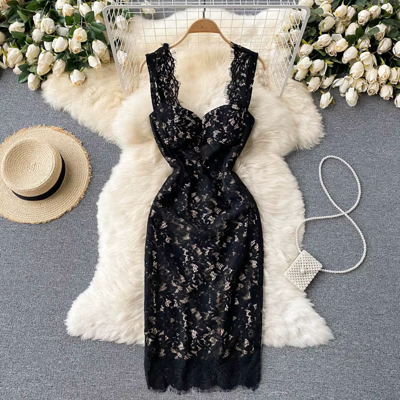 Robe en dentelle noire femmes 2025 été élégant rembourré col carré sans manches Spaghetti sangle Emp
