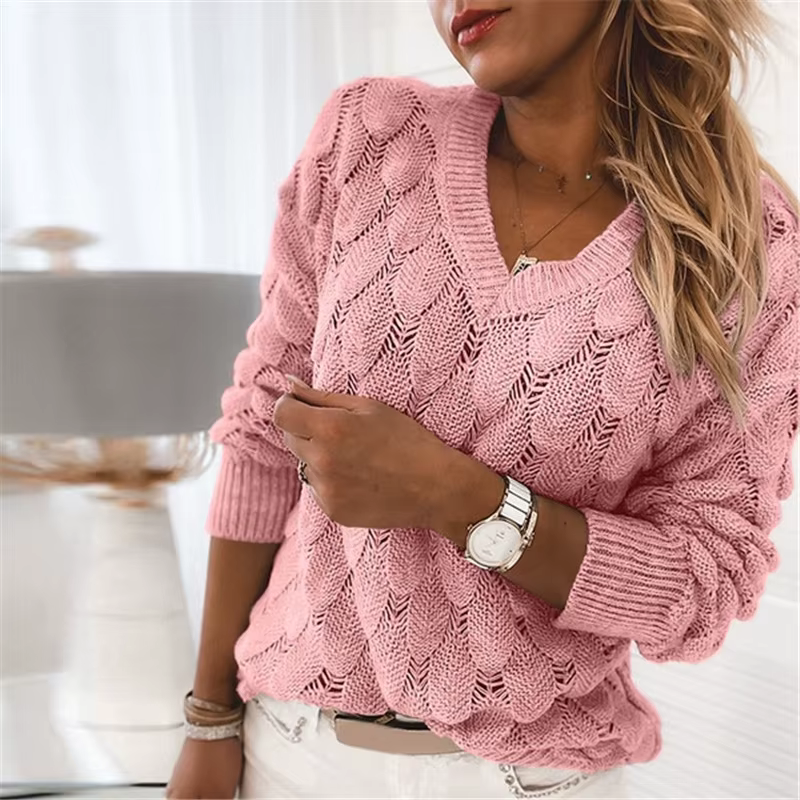 Pull à col en V surdimensionné pour femme, pulls creux légers, manches longues, broderie personnalis