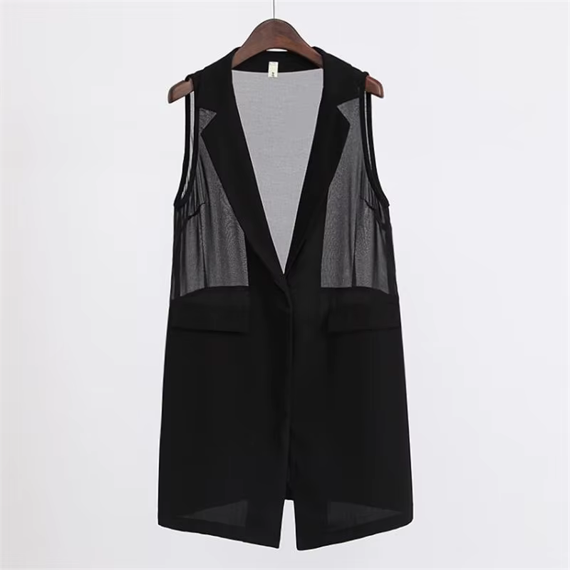 Gilet d'été sans manches en mousseline de soie noire pour femme, vêtement d'extérieur décontracté, g