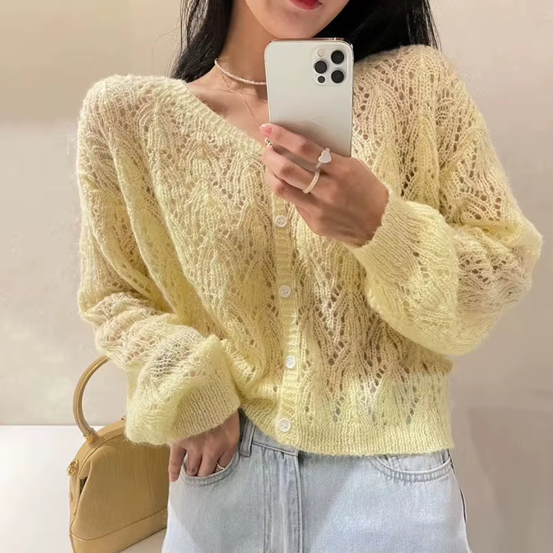Cardigan à col en V pour femme, manches longues évidées, simple boutonnage, doux, solide, document f