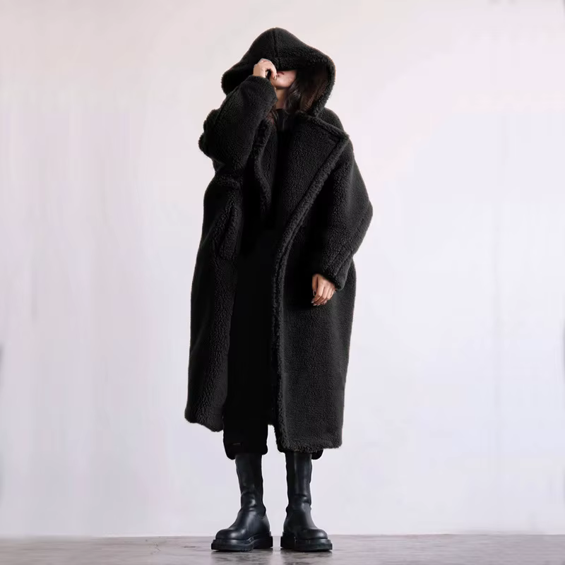 Manteau long ours en peluche pour femme, parkas d'hiver, veste respirante chaude, pardessus à capuch