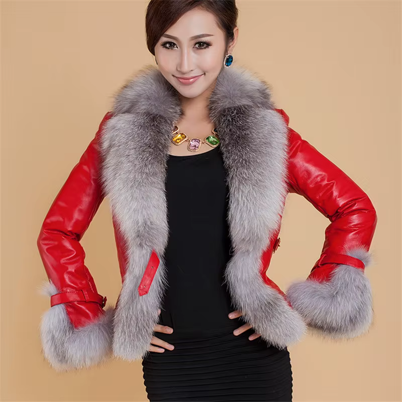 Veste courte en cuir PU pour femme avec col en fausse fourrure de renard, manteau femme, fermeture é