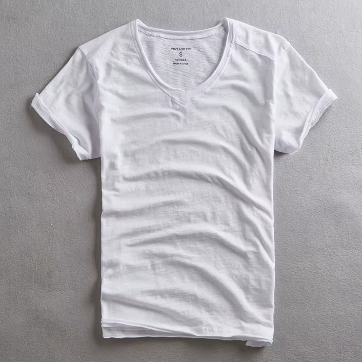 Vintage flou coton hommes col en v t-shirt mode d'été mince décontracté couleur unie col effiloché e