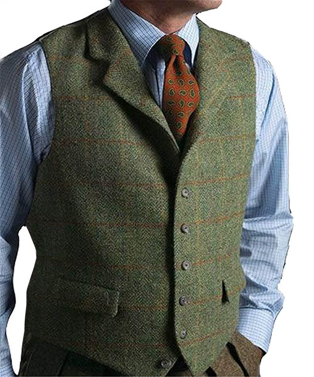 Gilet vert pour hommes, gilet en laine Tweed, coupe cintrée, costume à carreaux à revers, gilet de s