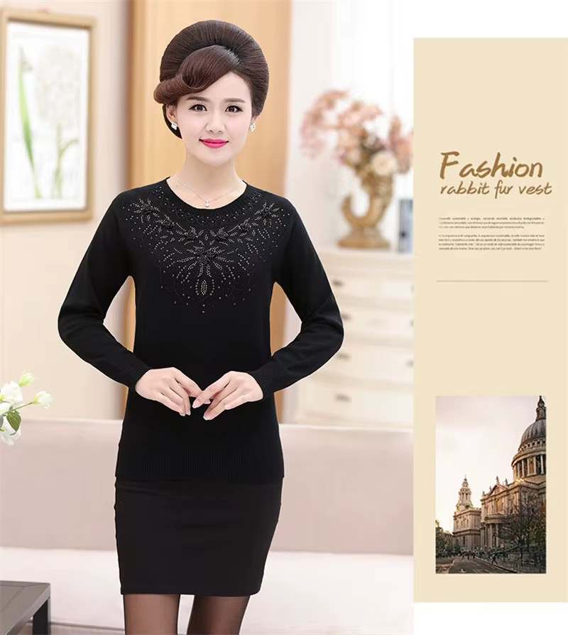 Chandails et pulls d'hiver pour femmes d'âge moyen, pull chaud en laine à col rond, robe mère, hauts
