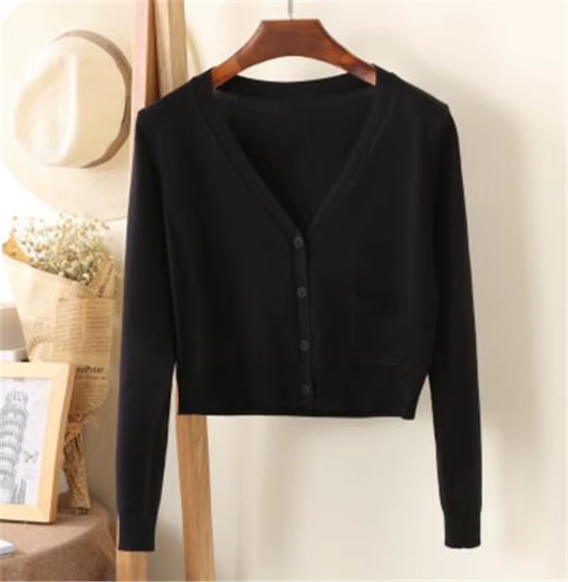 Cardigan court col en V pour femmes, manches longues, en coton, pulls, manteau fin, tricots de print