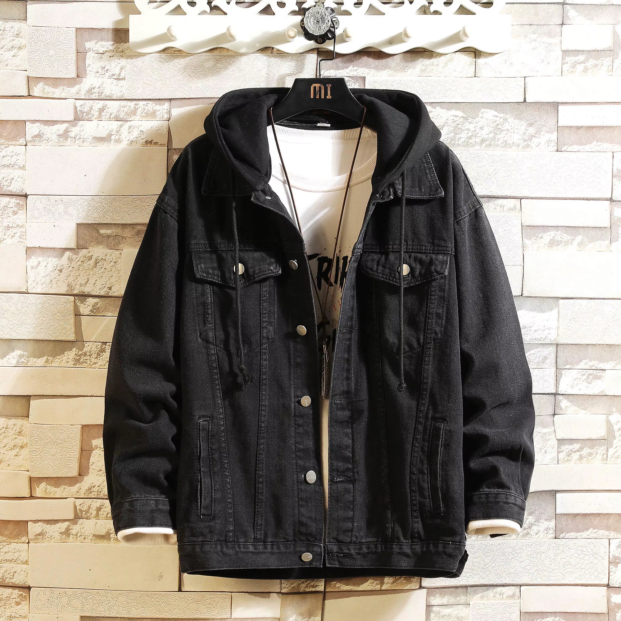 Veste en Jean hommes à capuche décontracté hommes Jean vestes Streetwear couleur unie col rabattu De