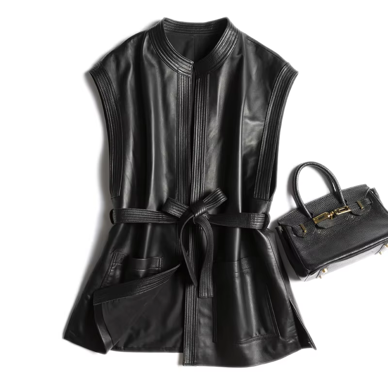 Gilet d'hiver en cuir véritable pour femme, avec ceinture, mode coréenne, Simple, grande poche, col