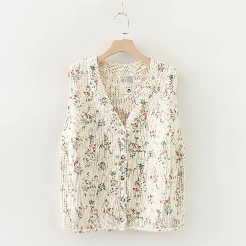 Pull à col en V imprimé frais de style pastChevrétro, petit pull floral, glaçure en coton, glaçure a