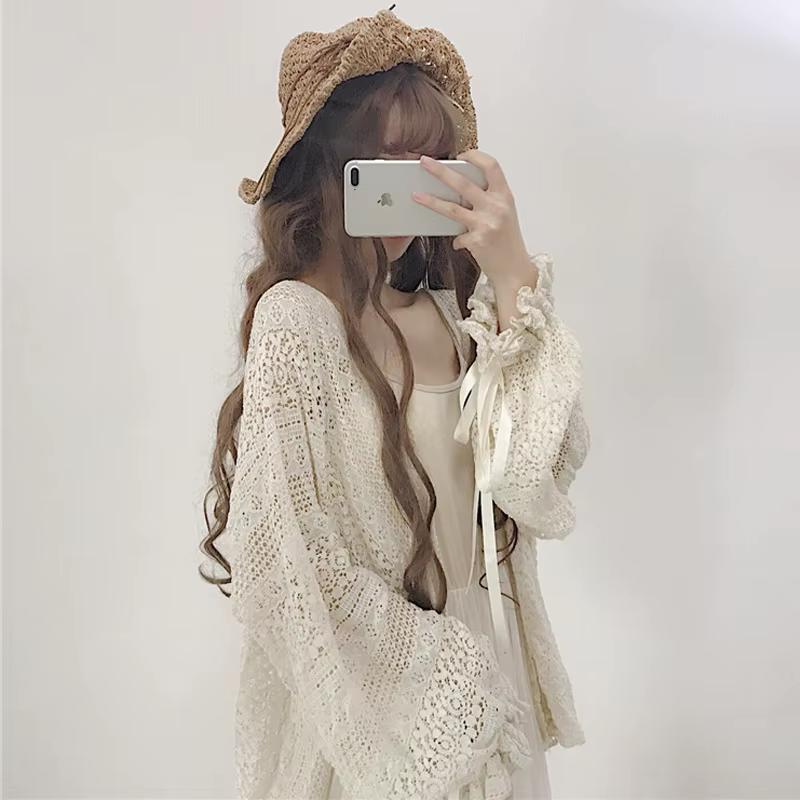 Cardigan en Dentelle Ajourée à Manches sulfLanterne pour Femme, Vêtement d'Extérieur Décontracté, Ré