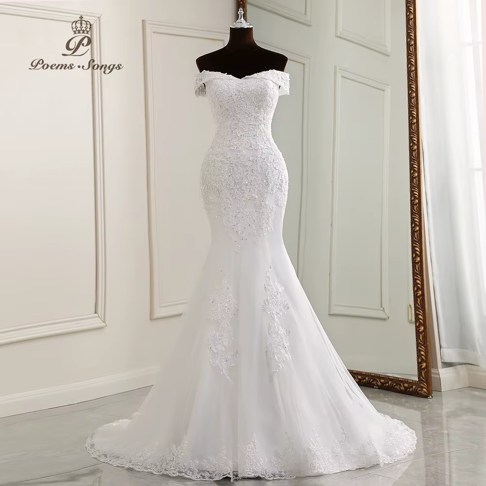 Robes de mariée personnalisées élégantes à col bateau pour femmes, robes de mariée sirène, robe blan