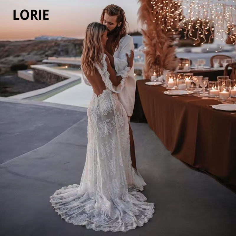 LORIE-Robe de Mariée en Dentelle Style Bohème, Col en V, Manches sulf, Dos aux, Personnalisée, pour