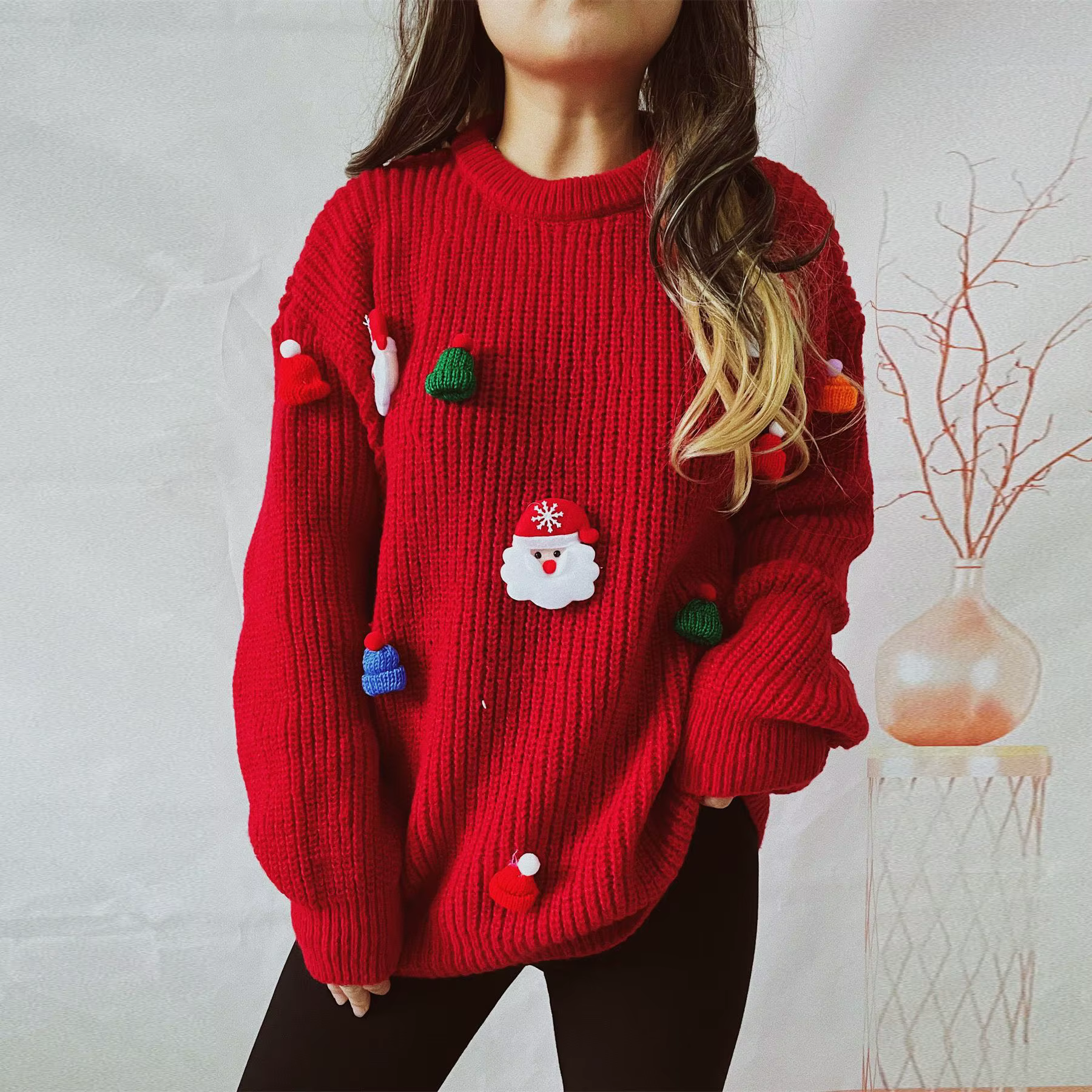 2025 noël Santa tricot pull femmes mignon col rond à manches longues chaud pull pull