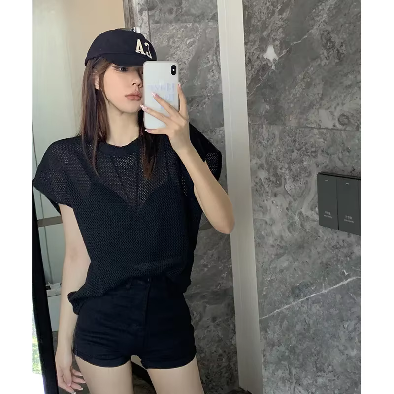 T-shirt à manches courtes, pull en maille ajouré en soie glacée pour femme, vêtement d'extérieur déc