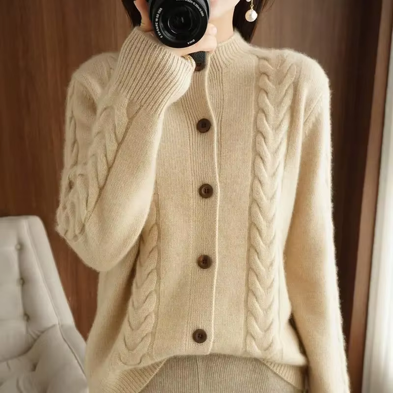 Cardigan tricoté torsadé à col mi-haut pour femme, haut de gamme, décontracté, ample, polyvalent, ma
