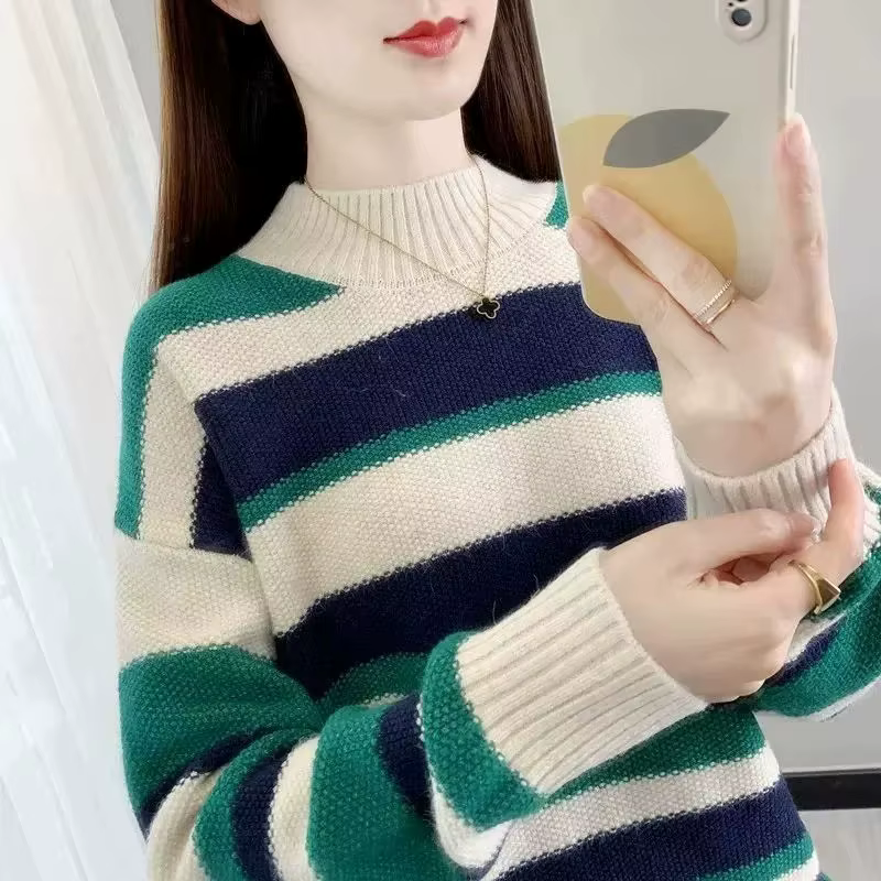 Pull rayé pour femmes, décontracté, coupe ample, col montant, haut tricoté, automne hiver