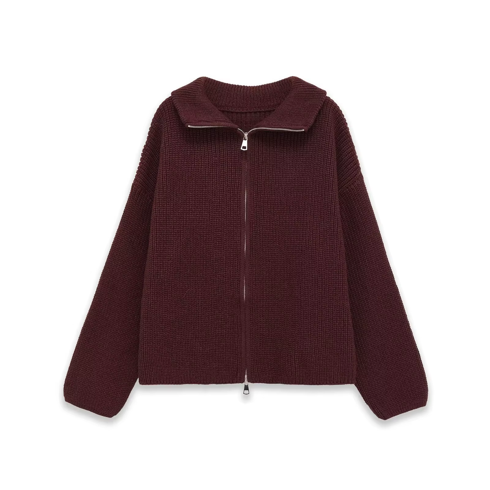 Pull tricoté ample à manches longues avec col zippé, style élégant, en fibre de polyester, effet 3D,