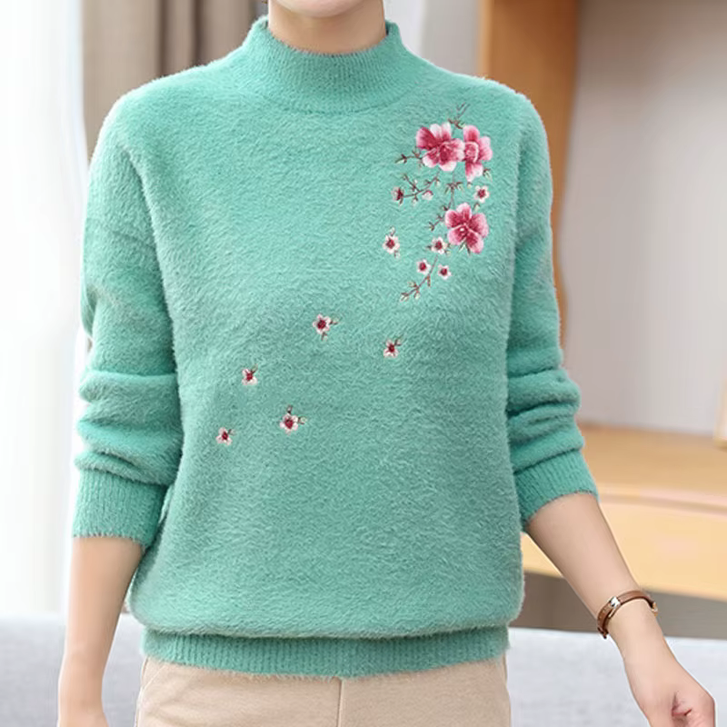 Pulls à manches longues pour femmes, broderie florale, document solide, pulls chauds, col mi-haut, v