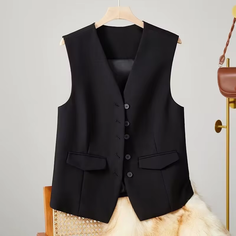 Gilet Chic Sans Manches pour Femme – Col en V, Simple Boutonnage, Élégant, Style Affaires, Blanc