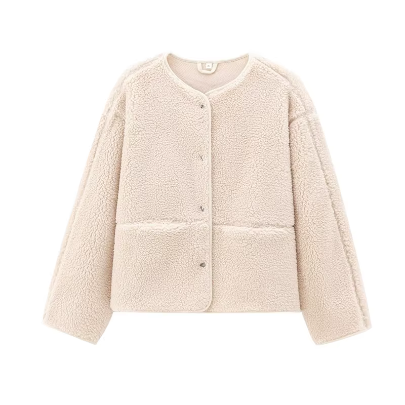 Peluche Teddy veste femme élégant col rond simple boutonnage poches épaissir manches longues manteau