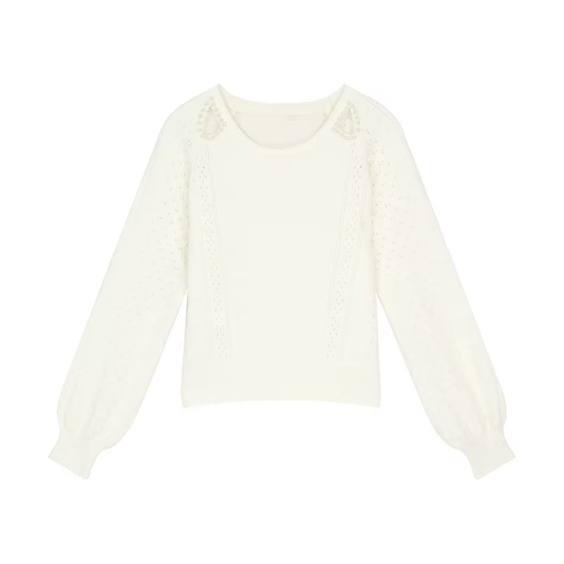 ELFSACK élégant minimaliste 3D perle embellissement épaule découpe col rond recadrée pull pour les f