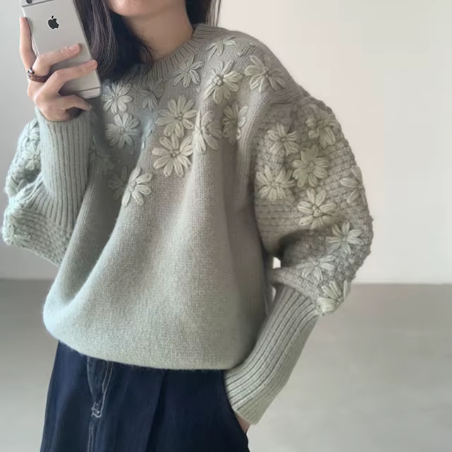 Pull surdimensionné coréen brodé de marguerites 3D, pull lourd, haut d'automne et d'hiver