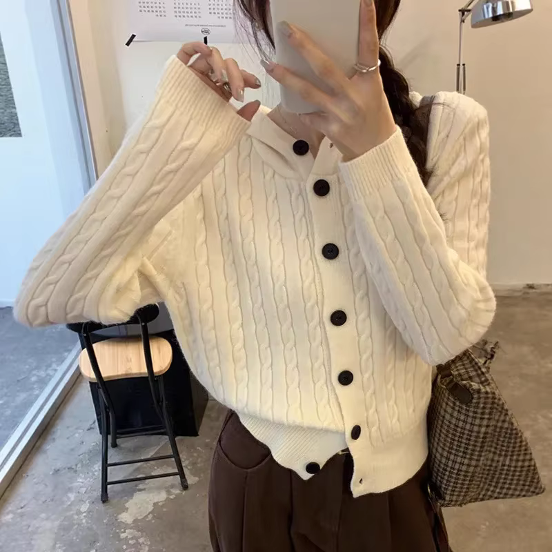 Cardigan tricoté à capuche et manches longues pour femme, en Stock, couleur unie et haut élégant pou