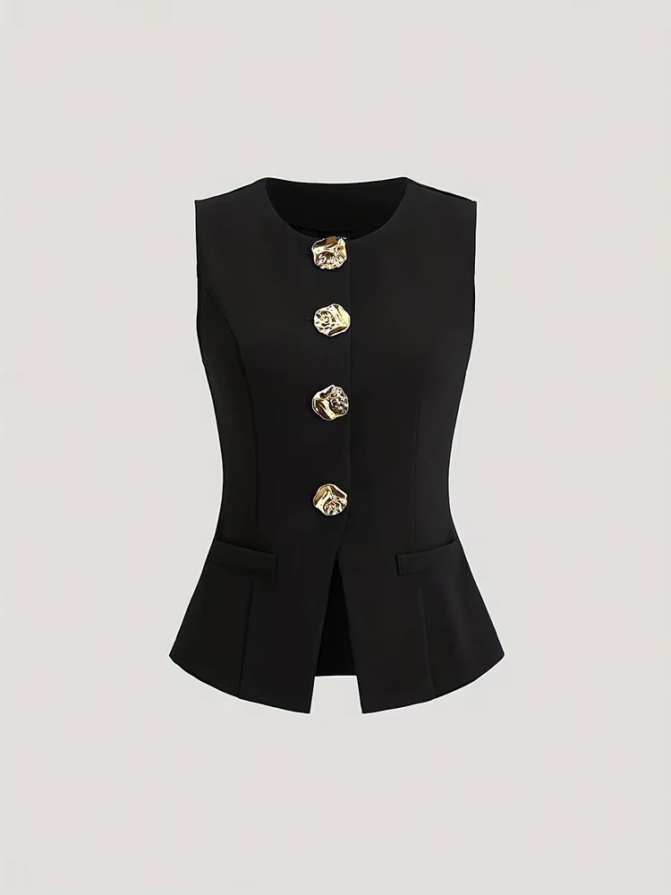 Nouveau grande taille solide bouton en métal mince haut sans manches élégant grande taille femmes gi