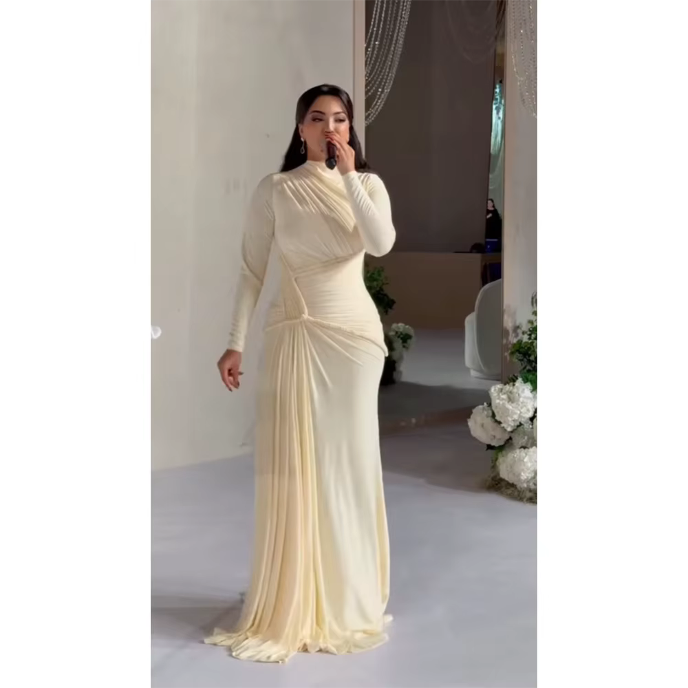 Robe de soirée à col haut, manches longues personnalisées, plissée, longueur au sol, robe de bal sir