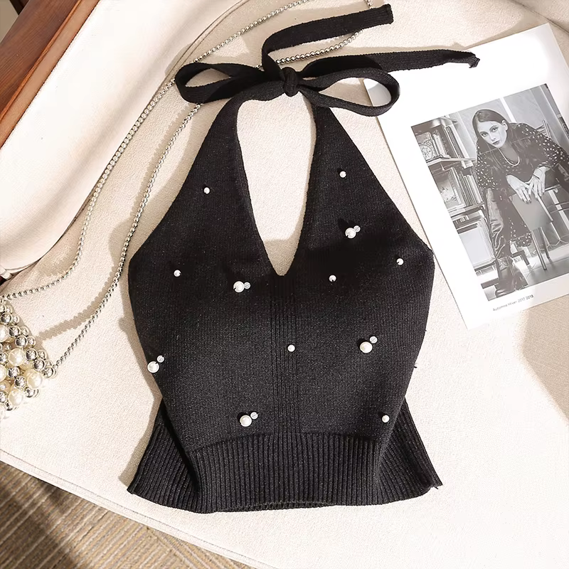 Gilet tricoté élégant à col halter et nœud dos nu, orné de perles à la française, pour femme, toutes