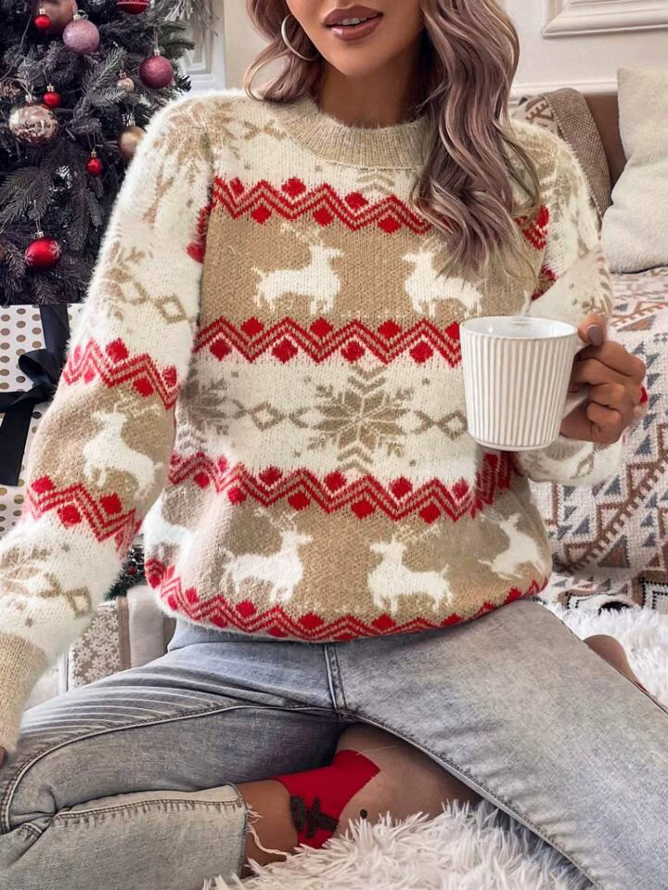 Pull en tricot surdimensionné à motif de renne de noël rose pour femmes, col rond, pull de vacances,