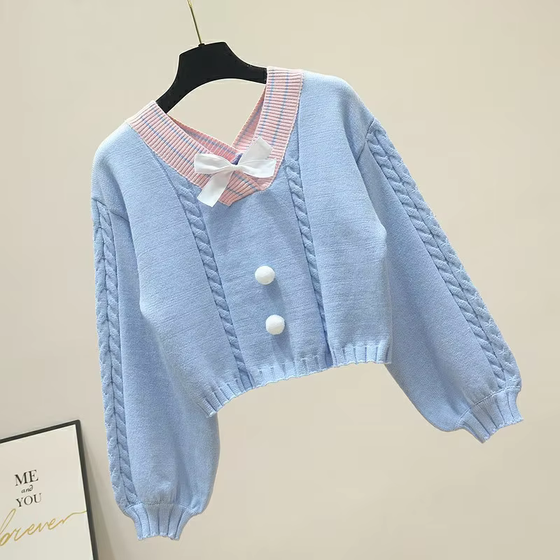 Lucyever-Pulls en tricot à nœud papillon doux pour femmes, pulls à col en V, manches lanterne, décon
