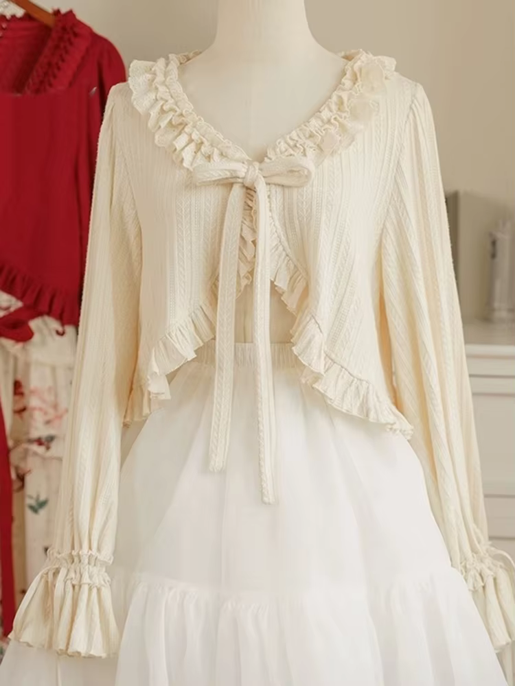 Kawaii Lolita Cardigan femmes japonais doux volants col en V culture hauts décontracté mignon nœud à